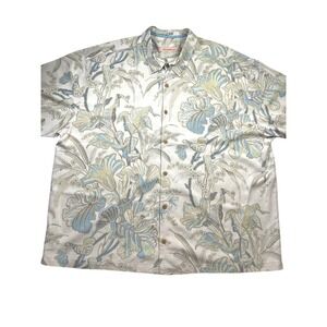 Tommy Bahama Mens 2XL Gray Floral Silk Hawaiian Shirt Short Sleeve Button Up